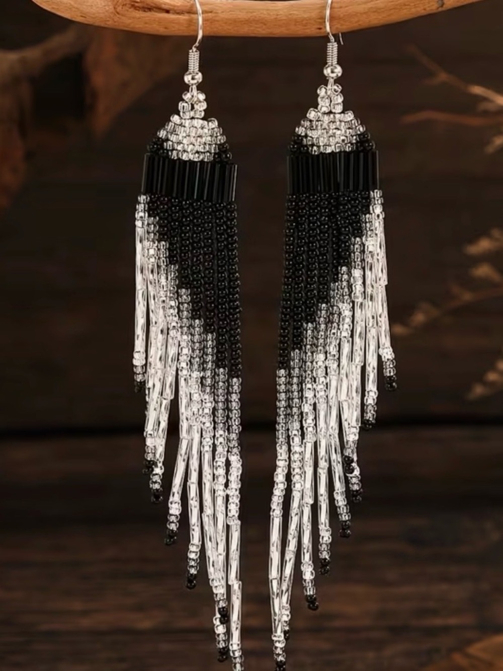Bohemian Handmade Black & Silver Beaded Fringe Earrings